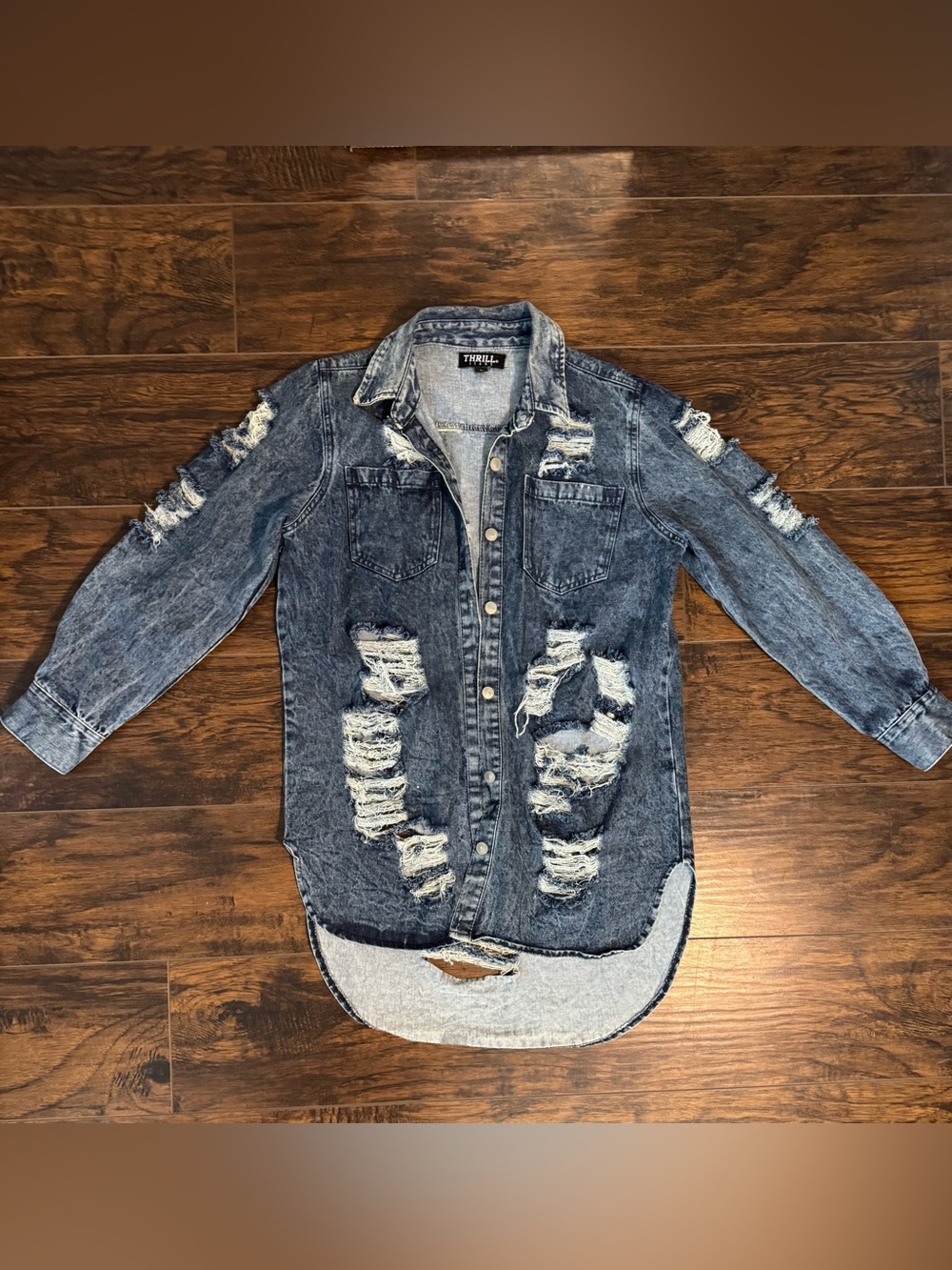 Thrill Jeans Distressed Denim Shirt Jacket Blue Large